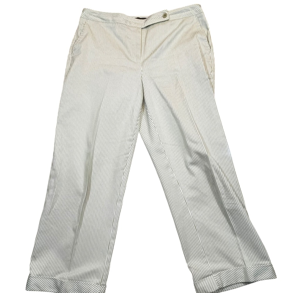 Talbots Womens Green White Striped Cuffed Crop Pants Size 12 Straight Leg